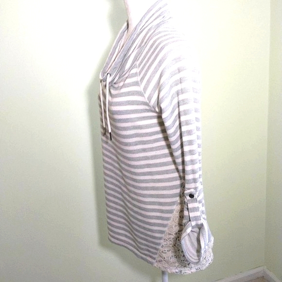 French Laundry Gray White Stripe Terry Longline Drawstring Neck Longsleeve top M - Picture 11 of 16